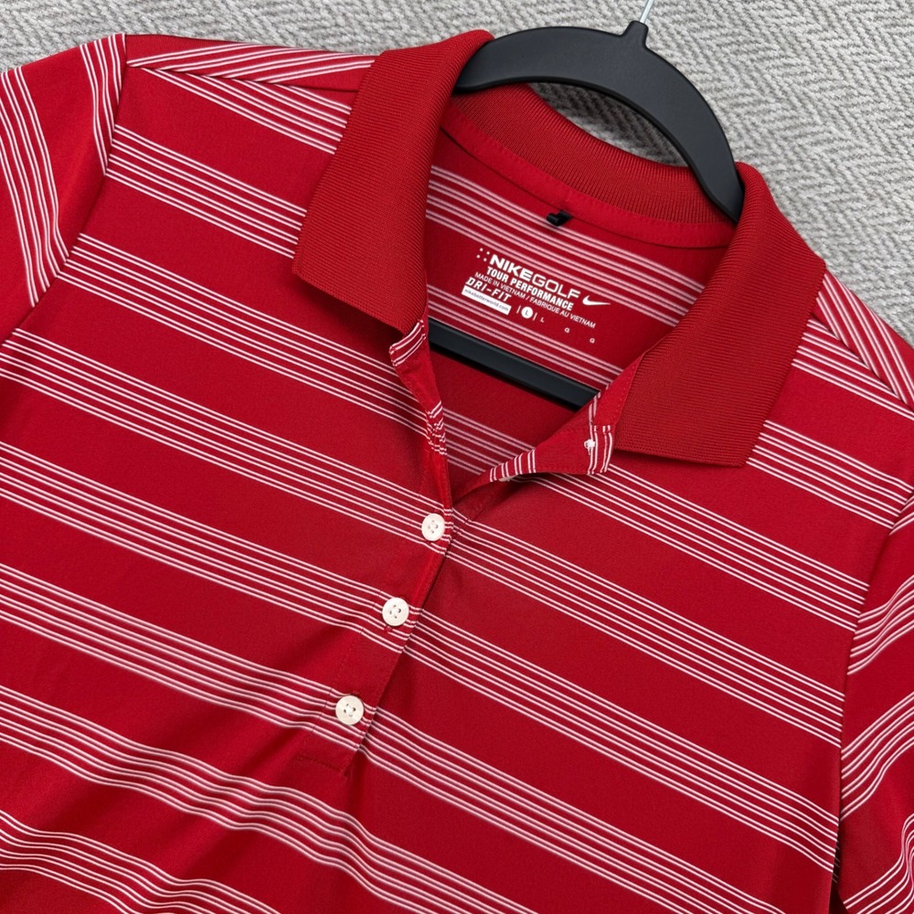 Nike Golf Polo Shirt Large Red Striped Dri-FIT Short Sleeve Athletic Top
